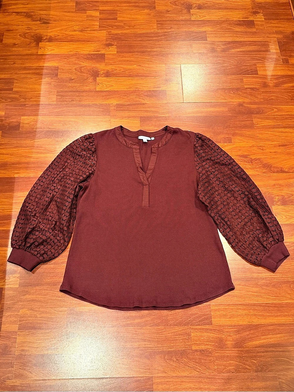 Chico's Split Neck Lace Sleeve Top Burgundy XL